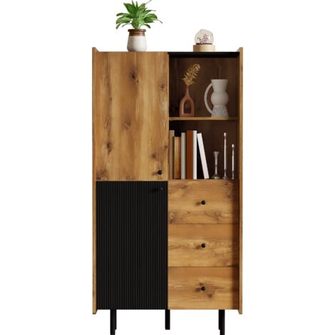 Credenza grigia e nera con venature del legno, quattro porte, TRE cassetti, soggiorno, sala da pranzo. Colore legno e grigio-nero