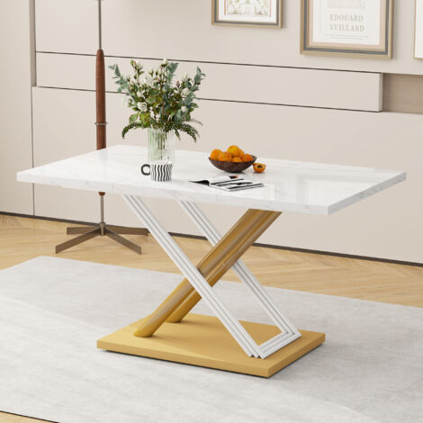 Tavolo Da Pranzo Moderno 160x60 Cm - Bianco Con Gambe Ad Arco In Metallo, Per 6-8 Persone - Foto 5