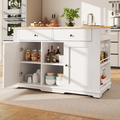 Isola cucina, carrello cucina con multipresa, mobile cucina, carrello di servizio con piano di lavoro, mobile buffet, carrello da pranzo con venature del legno, mobile buffet, bianco