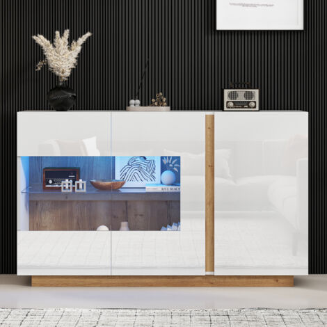 Credenza alta lucida, truciolato bianco con vetro, base in legno, cassettiera per ingresso 1383890,5 cm (1/5)