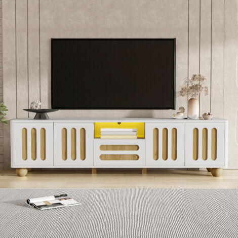 Mobile TV moderno 180x40x47 cm - bianco e effetto legno con 4 ante, 1 cassetto e illuminazione a LED - angoli arrotondati, piedini sferici, spazio di archiviazione versatile