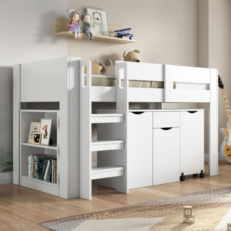 Letto A Soppalco Per Bambini Con Scala E Cassetti, Letto Castello Multifunzione In Legno Massello Con Scrivania Pieghevole E Ripiani - Bianco