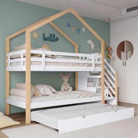 Letto a castello 90x200/190 cm letto per bambini con 4 cassetti, sponda di sicurezza e rete a doghe, legno massello, bianco