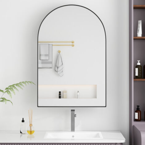 Elegante mobiletto con specchio ad arco, mobiletto porta medicinali da incasso con struttura in metallo e ripiani regolabili, nero