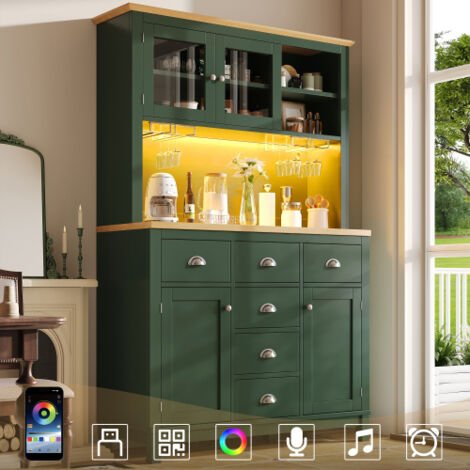 Buffet, armadio contenitore, mobile da cucina, con striscia luminosa LED, porta bottiglie, 4 ante, 104x40x180 cm - Verde