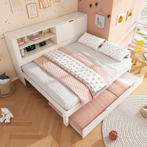 Letto a scomparsa 90/140×190 cm, matrimoniale, con testiera contenitore, vano aperto, spazio nascosto, ricarica USB/USB-C, rete doghe - Bianco - Senza materasso (1/5)