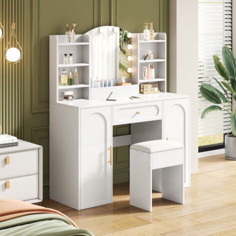 Tavolo da trucco bianco 110x40x132 cm con specchio LED 3 modalità, 1 cassetto, 2 ante e sgabello imbottito