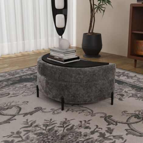 Pouf a mezzaluna con piano, panca da ingresso, tavolino d'appoggio, sgabello da trucco, poggiapiedi, per soggiorno, ingresso e corridoio - Tessuto ciniglia grigio - 86x47,5x43 cm