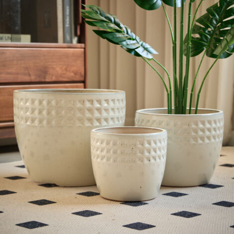 Vaso per fiori in ceramica bianco antico brillante con foro di drenaggio, resistente agli agenti atmosferici, interno/esterno