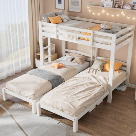 Letto a castello 90x200 cm, 3 posti letto, scala laterale reversibile, in legno, bianco, senza materasso