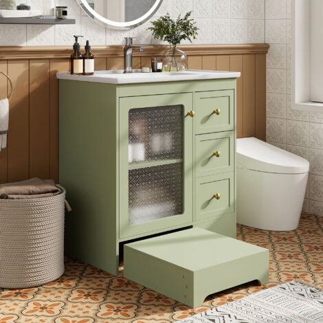 Mobile bagno con lavabo, cassetti, illuminazione LED e sgabello integrato, in MDF, verde