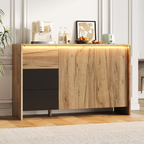 Credenza con LED, 3 cassetti e 2 ante, naturale e nero, 120x76x40 cm
