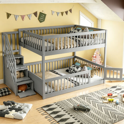 Strutture letto a castello 140x200 cm, con scala contenitore e porta apribile, in legno, grigio – senza materasso