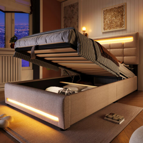 Letto per adulti, 90x200 cm, letto singolo imbottito con illuminazione a LED, contenitore idraulico e presa USB, in lino beige, senza materasso (1/5)