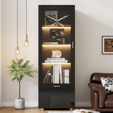 Vetrine espositive nere lucide con ante in vetro, vetrine espositive in vetro illuminate a LED, vetrine espositive per oggetti da collezione, porta profumi, librerie e vetrine espositive in vetro con (1/5)