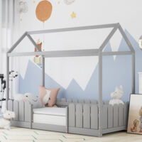 Letto per bambini, letto a casa, 90 x 200 cm, letto in legno per la cameretta dei bambini, con tavola, rete a doghe, protezione anticaduta, in legno di pino, grigio-B OKWISH