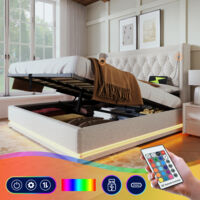 Letto imbottito matrimoniale 160 x 200 cm, materiale cotone beige, letto contenitore idraulico, testiera imbottita con funzione di ricarica USB Type-C, funzione LED 3 lati (senza materasso)