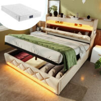 Letto contenitore 160x200 cm, letto matrimoniale per adulti, letto morbido con contenitore, presa USB e illuminazione a LED, tessuto di lino, beige, materasso incluso