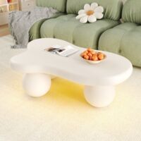 Tavolino da caffè a forma di nuvola con illuminazione a LED e gambe rotonde, bianco
