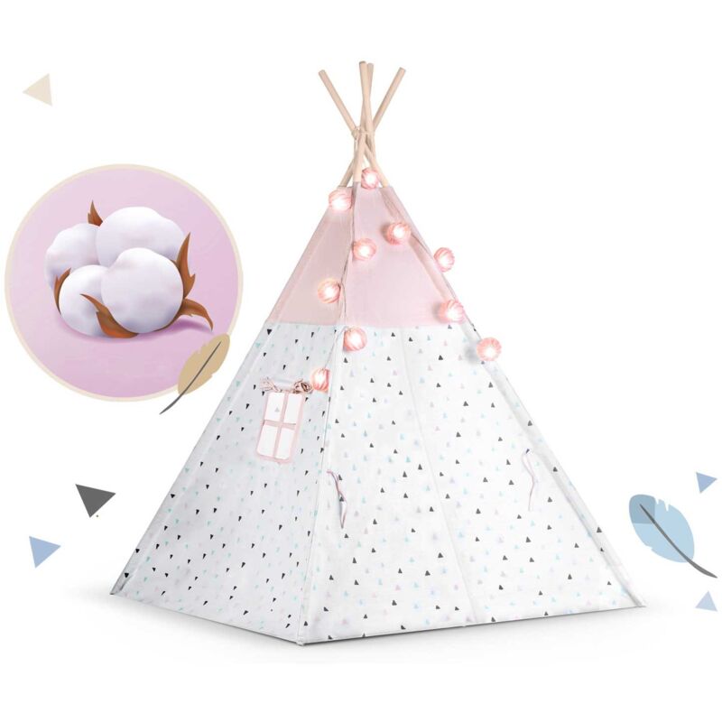 Tipi Enfant NUKIDO 120x120x160 Cm - Coton Et Bois Avec 3 Coussins, Style Montessori Rose