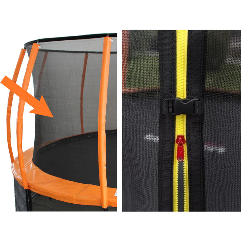 Filet De Sécurité Pour Trampoline – Diamètre 240-255 Cm, Hauteur 180 Cm – Maille Serrée, Ouverture Zippée Avec Clips – Compatible Avec 3 Ou 6 Montants