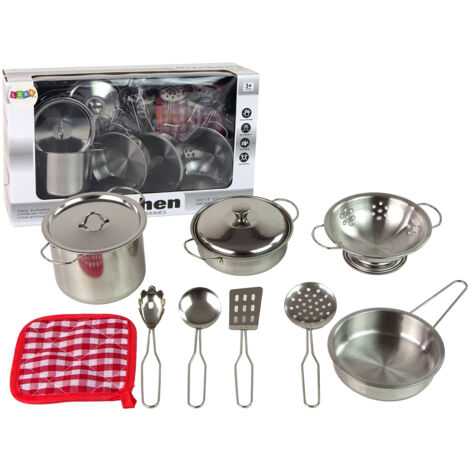Cuisine Jouet Enfants 11 Pièces En Inox - Casseroles, Poêles, Ustensiles Miniatures Pour Jeu D'imitation
