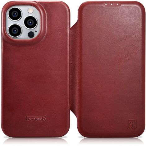 Étui en cuir pour iPhone 14 Pro Max avec rabat magnétique MagSafe CE Oil Wax Premium Cuir Bordeaux (1/5)