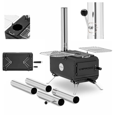 DXBK Poêle à bois de tente et cheminée et pieds pliables noir acier