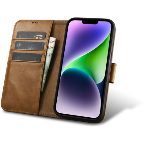 Étui portefeuille en cuir 2 en 1 pour iPhone 14, anti-RFID, cire d'huile, marron clair (1/5)