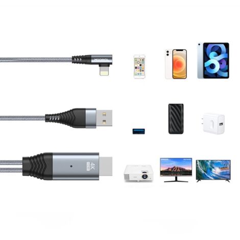Câble HDMI Pour IPhone Vers TV - Adaptateur 1080p Plug & Play, Compatible IPhone 14 à 5, IPad, 2m