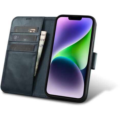 Étui portefeuille en cuir 2 en 1 pour iPhone 14 Plus, anti-RFID, cire d'huile, bleu (1/5)