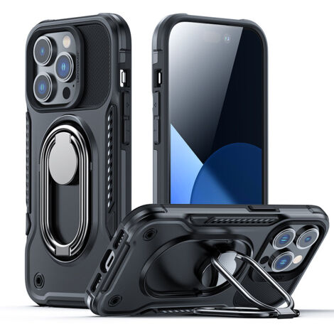 Coque pour iPhone 14 Pro, coque blindée avec support et anneau de support, noire (1/5)