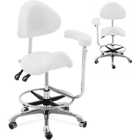 Chaise selle cosmétique avec dossier inclinable 0-22° – Accoudoirs réglables – Siège pivotant 360° – Cuir PVC blanc – Physa (1/5)