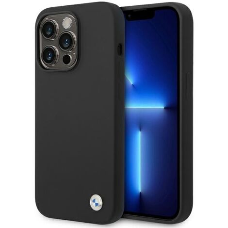 Coque iPhone 14 Pro Max BMW en silicone noir avec logo en métal et logo BMW (1/4)