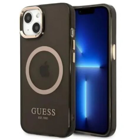 Coque rigide noire Guess GUHMP13MHTCMK pour iPhone 13/14/15 (6,1 pouces), contour doré, compatible MagSafe translucide. (1/5)