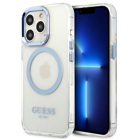 Coque rigide bleue/bleue Guess GUHMP13LHTRMB pour iPhone 13 Pro / 13 6.1, contour métallique, compatible MagSafe (1/4)