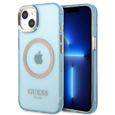 Coque rigide bleue/bleue Guess GUHMP13MHTCMB pour iPhone 13/14/15 (6,1 pouces), contour doré, compatible MagSafe et translucide. (1/4)
