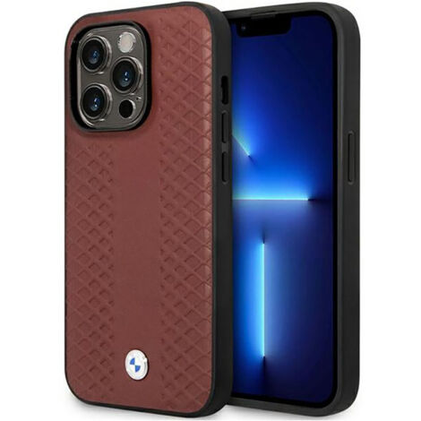 Étui en cuir BMW à motif diamant bordeaux pour iPhone 14 Pro Max (1/4)