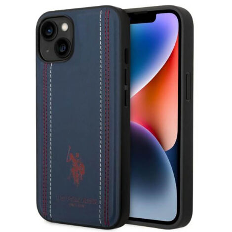 Étui en cuir bleu marine à coutures style polo américain pour iPhone 14 Plus (1/4)