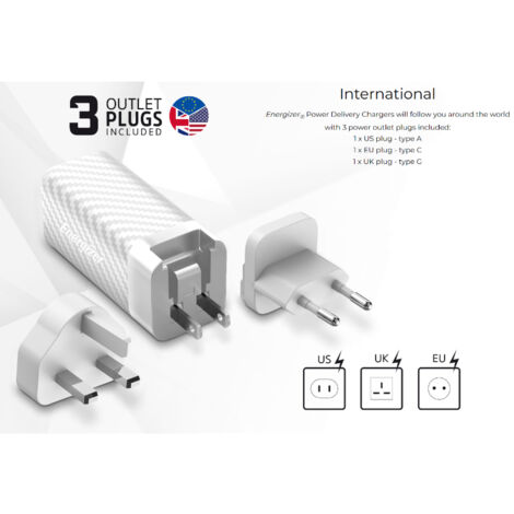 Chargeur rapide GaN 65W USB-A et USB-C prise UK - Chargeur de batterie | AllBatteries