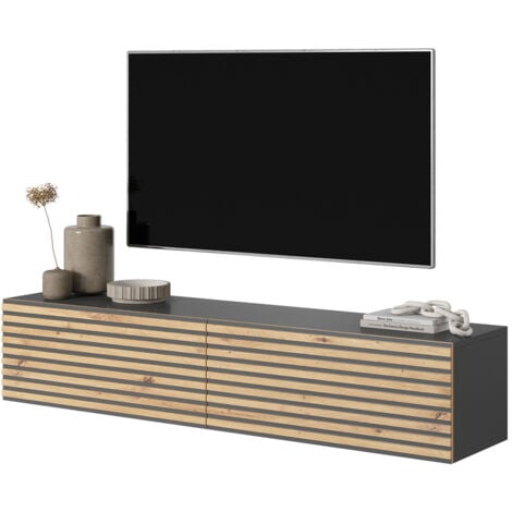 Meuble TV Pavas, 140 cm, graphite avec façade à lamelles, inserts en chêne artisanal et graphite
