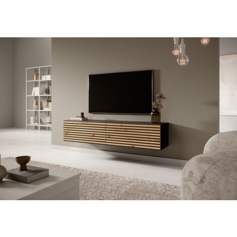 Meuble TV Pavas, 140 cm, graphite avec façade à lamelles, inserts en chêne artisanal et graphite