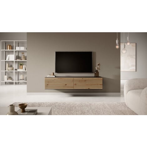 Meuble TV Pavas, 140 cm, graphite avec façade à lamelles, inserts en chêne artisanal et graphite