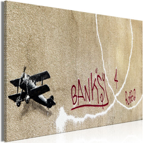 Tableau - Banksy Avion (1 pièce) - inscriptions graffitis rouges sur le fond de la fresque (1/3)