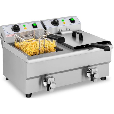 Royal Catering – Friteuse professionnelle double 20 L – 2 cuves 3000 W avec robinet – Température 50-200 °C – Acier inoxydable durable