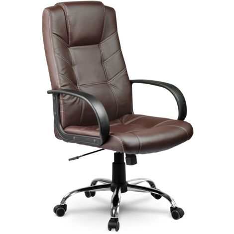 Fauteuil de bureau en cuir écologique marron – Dossier et assise réglables – Accoudoirs confortables – Base chromée robuste