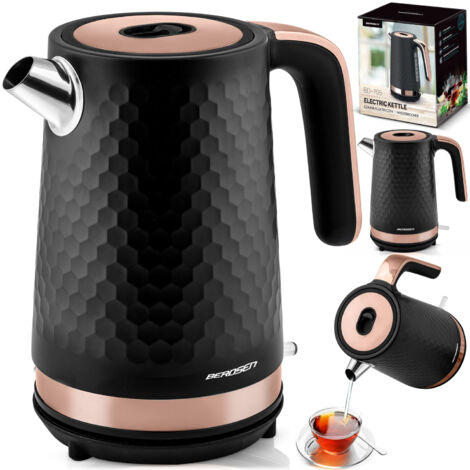 Bouilloire électrique 1,7 l noire et cuivre – Puissance 1850-2200 W – Base pivotante 360° – Interrupteur lumineux et filtre anticalcaire