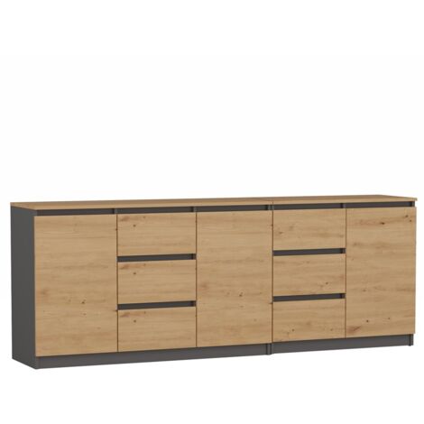Commode moderne 1D3S/2D3S – Largeur 200 cm – Hauteur 75 cm – 6 tiroirs sur guides à rouleaux – Corps en panneaux de particules laminés – Costa