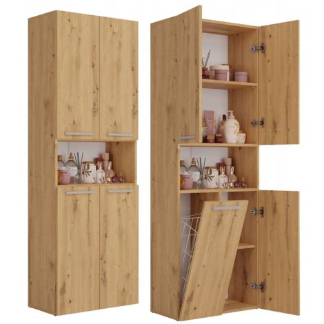 Poteau de salle de bain 1K/DK – Meuble bas en chêne artisan – 5 étagères (4 fermées, 1 ouverte) – Poignées minimalistes (1/5)