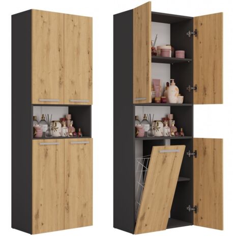 Poteau de salle de bain anthracite – Corps en panneaux de particules 16mm – 5 étagères dont 4 fermées – Dimensions 174x60x30cm - NEL 1 K